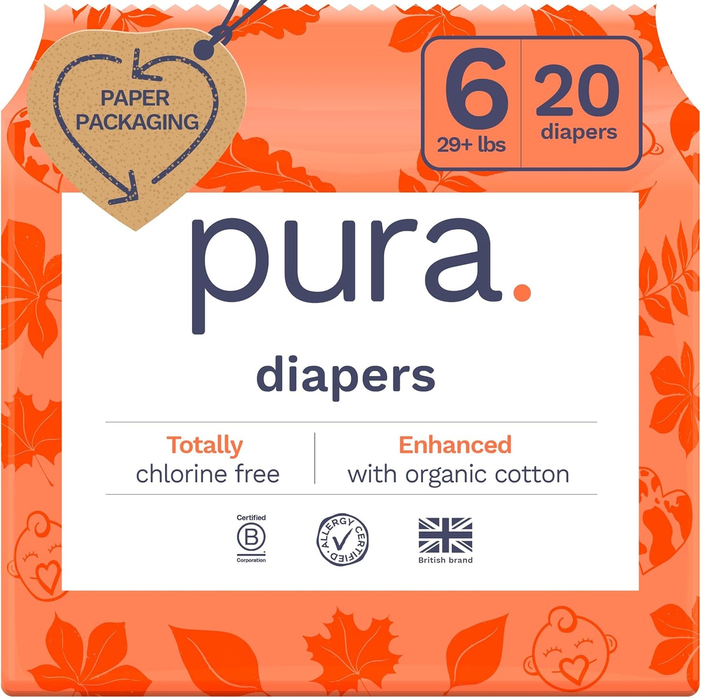 Pura Size 6 Eco-Friendly Diapers (29+ lbs) Totally Chlorine Free (TCF) Hypoallergenic, Soft Organic Cotton, Sustainable, up to 12 Hours Leak Protection, Allergy UK, 1 Packs of 18 Diapers