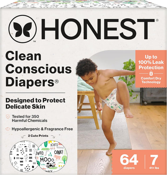 The Honest Company Clean Conscious Diapers for Delicate Skin | Up to 100% Leakproof | Hypoallergenic, Fragrance Free | Gender Neutral | Super Club Box, Size 7 (41+ lbs), 64 Count (Prints May Vary)