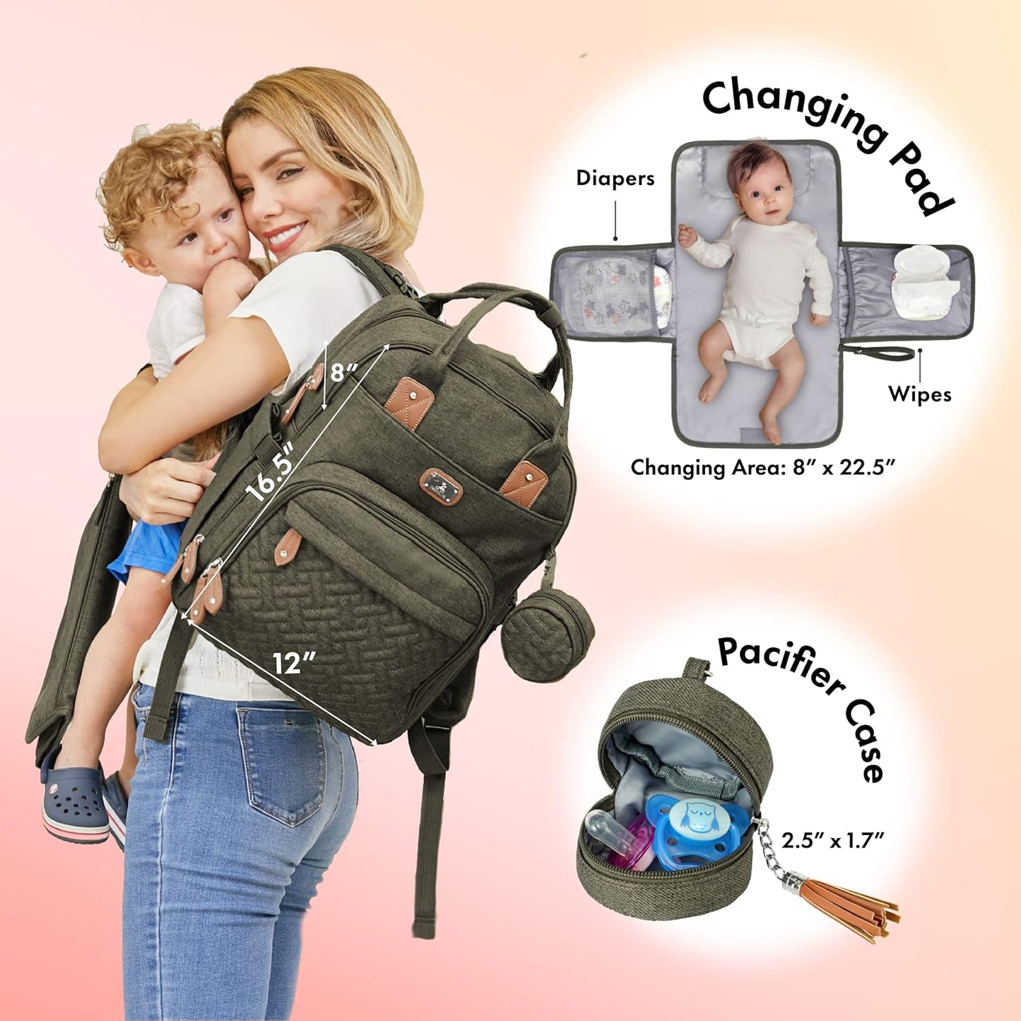 Dikaslon Diaper Bag Backpack with Portable Changing Pad, Pacifier Case and Stroller Straps, Large Unisex Baby Bags for Boys Girls, Multipurpose Travel Back Pack for Moms Dads, Army Green