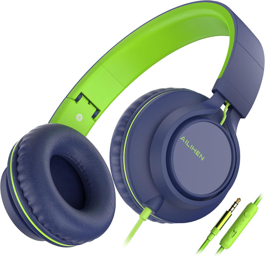 AILIHEN C8 Headphones Wired, On-Ear Headphones with Microphone and Volume Control, Corded 3.5mm Headset for Boys Girl School Smartphones Chromebook Laptop Computer Tablets Airplane Travel (Blue Green)