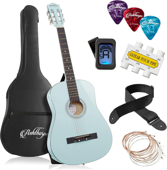 Ashthorpe 38-inch Beginner Acoustic Guitar Package (Light Blue), Basic Starter Kit w/Gig Bag, Strings, Strap, Tuner, Pitch Pipe, Picks