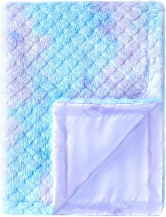 Baby Blanket for Boys Girls Reversible Fluffy Fuzzy Fleece & Skin-Firendly Silk Silky Backing, Cozy Soft Plush Blanket for Toddlers Swaddling, Stroller, Playtime Rainbow Blue 30 x 40 Inch