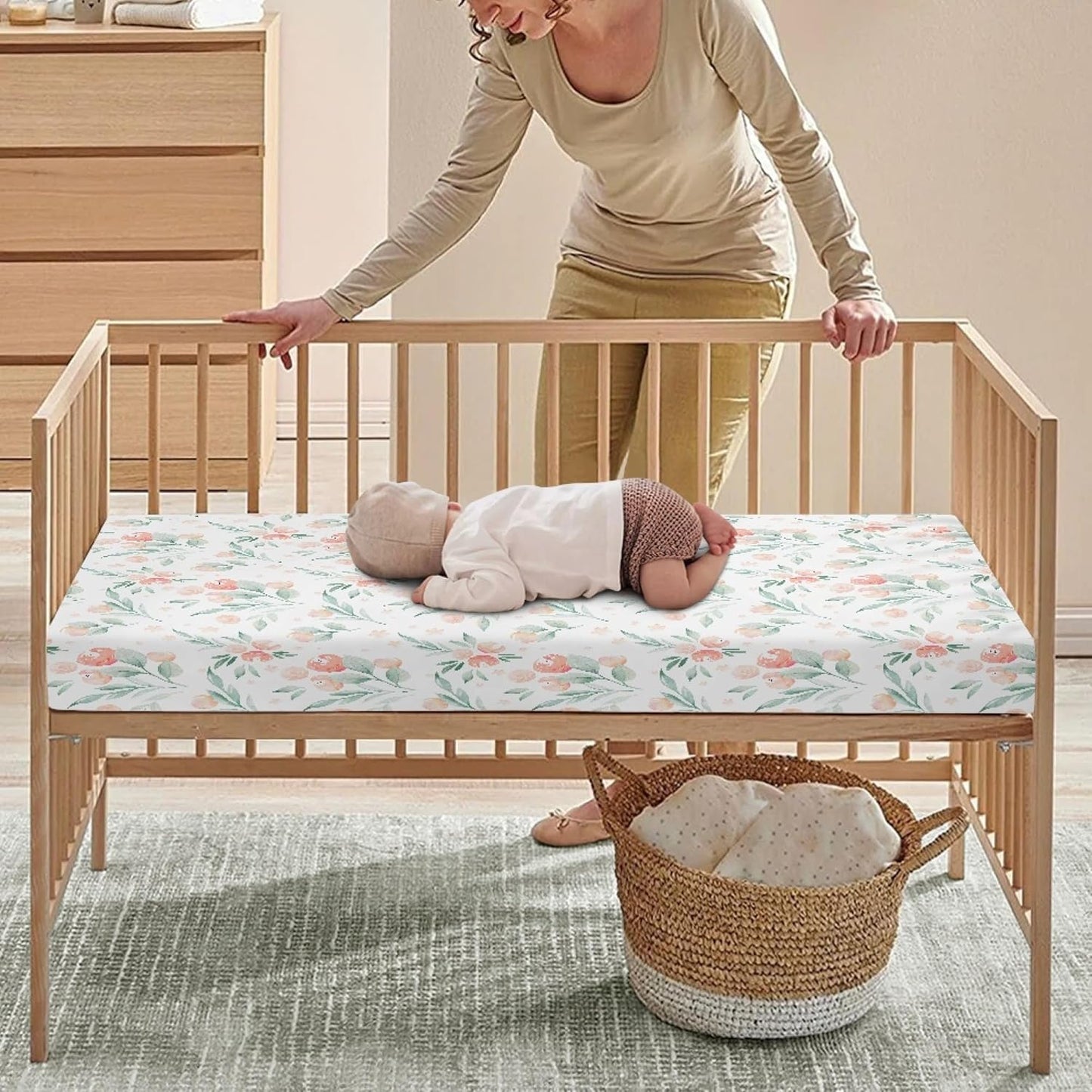 Floral Botanical Pattern Fitted Crib Sheet Pink Flower Baby Crib Sheet Fit Standard Crib and Toddler Mattress,Crib Mattress Sheets for Boys Girls 28"x52"