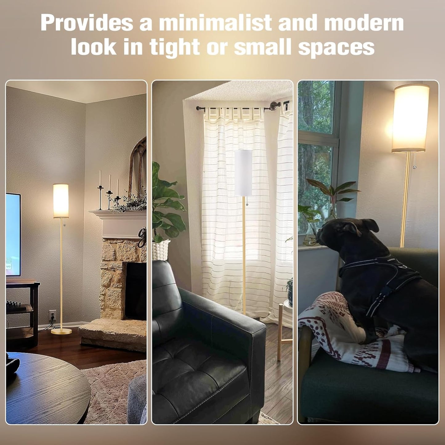 Ambimall Floor Lamp with 3 Color Temperatures Bulb, 64" Standing lamp with Linen lampshade for Bedroom, Minimalist Pole Lamp, White Shade & Gold Pole