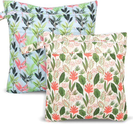 2pcs Cloth Diaper Wet Dry Bags, Waterproof Reusable Wet Bag with 2 Zipper Pockets & Handle, Washable Laundry Bags for Baby Adult Clothes Travel Beach Pool Daycare Yoga Gym Exercise Swimsuits,