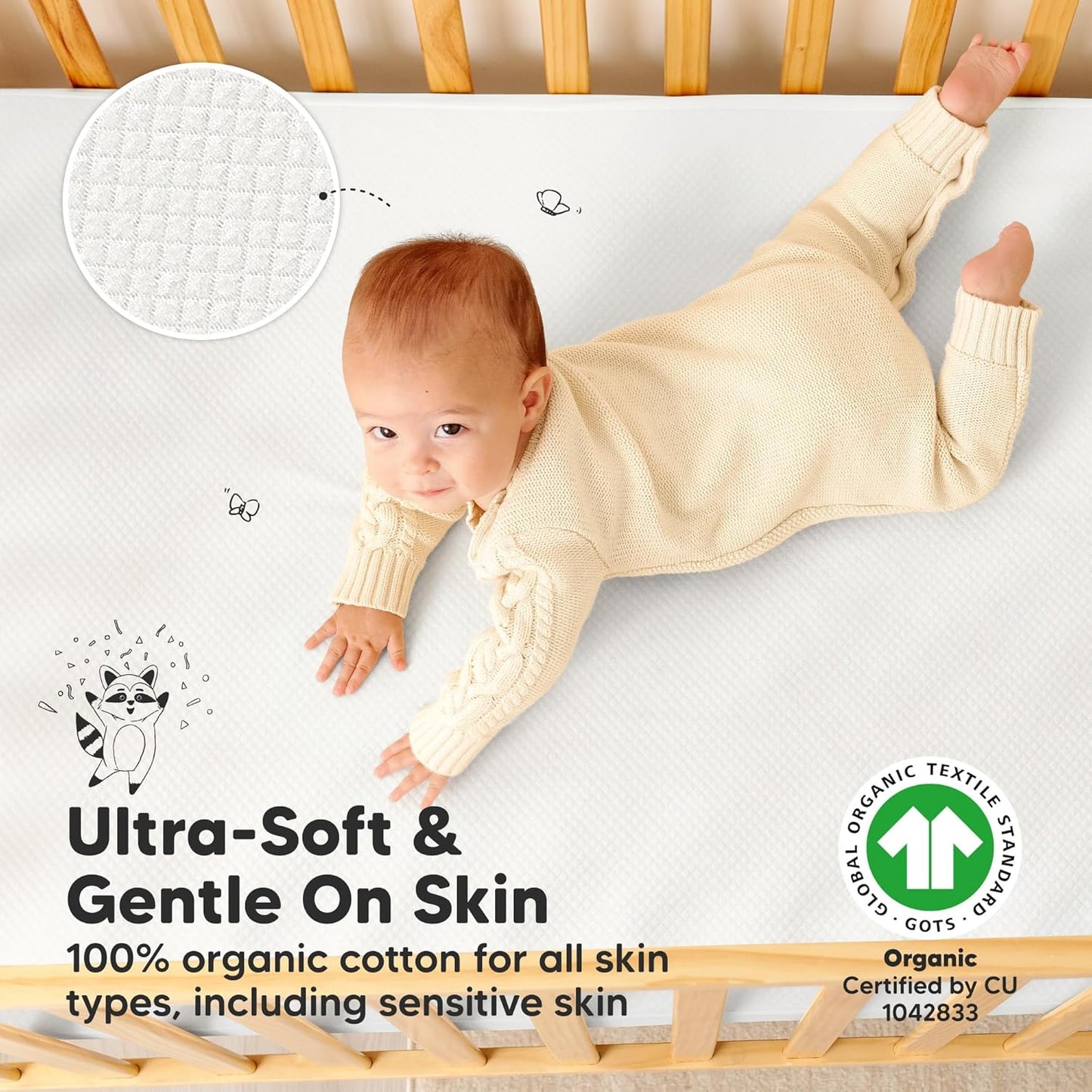 Waterproof Crib Mattress Protector Cover Fitted - 2-Pack Quiet Baby Crib Mattress Pad Sheets, 52" x 28" Soft Quilted Cotton Baby Sheet, Machine Washable, Easy Fit, Durable (Soft White/Quin)