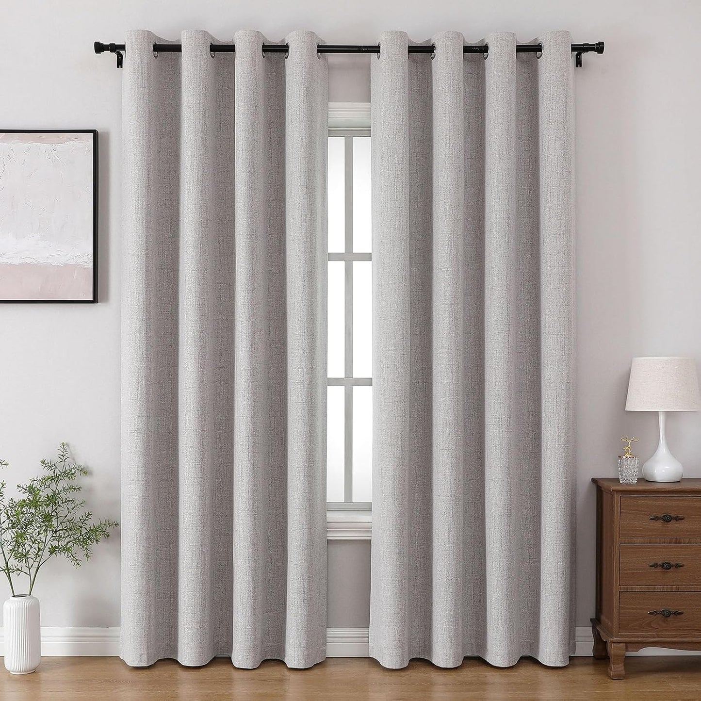Joydeco 100% Blackout Linen Curtains 90 Inches Long 2 Panels, Thermal Insulated Burlap Curtain & Drapes, Grommet Room Darkening Textured Curtains for Bedroom Living Room (52x90 inch,Greyish White)