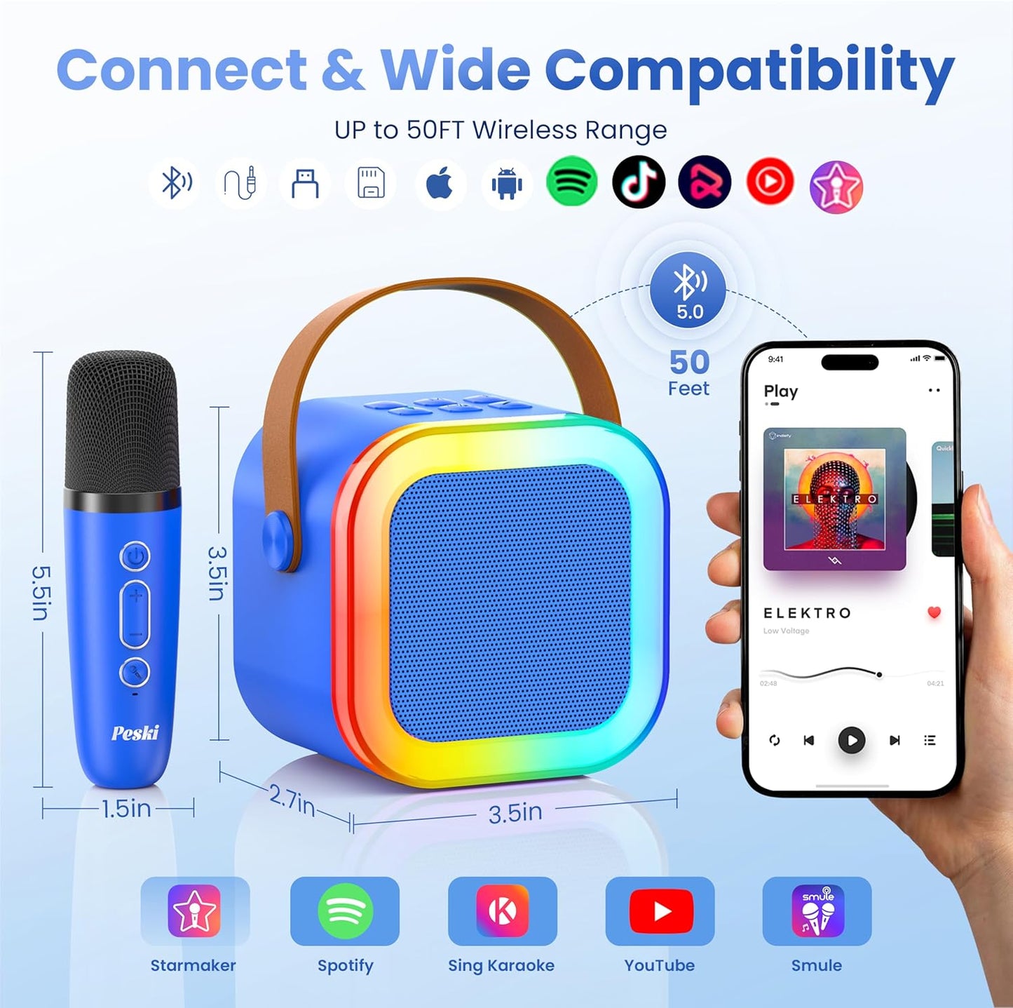 Karaoke Machine for Kids Adults, Portable Bluetooth Mini Karaoke Microphone Singing Speaker Karaoke Player with 2 Wireless Mic, for All Smartphones,Birthday, Family,Home Party(Deep Blue)