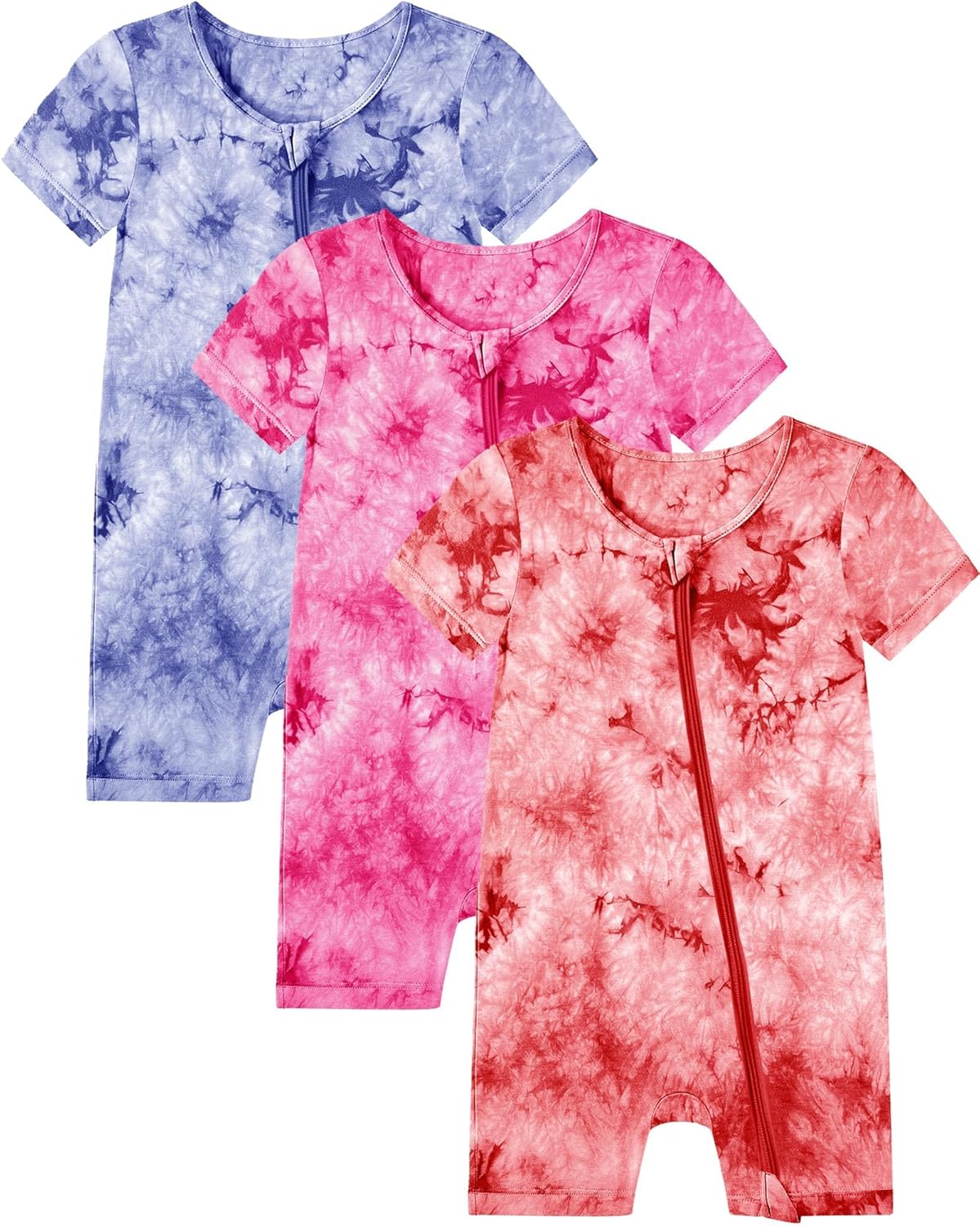 Jimonda Baby Girl Boys Rayon From Bamboo Pajamas 3 Pack Short Sleeve Footless Romper 2 Way Zipper Tie Dye Pjs Sleeper 0-24M