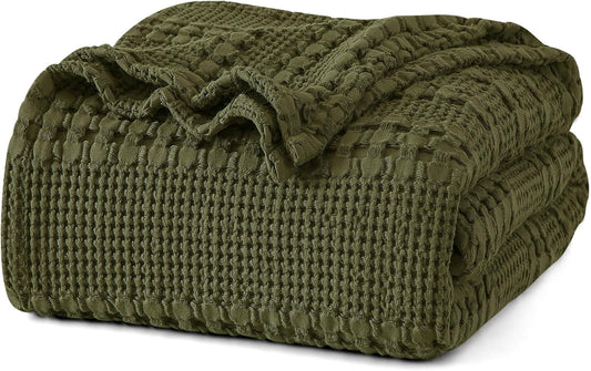PHF 100% Cotton Waffle Weave Blanket King Size, Soft Lightweight Breathable Cozy Summer Blankets for Bed, Luxury Aesthetic Woven Bedding for Home Decor, 108"x90", Capulet Olive