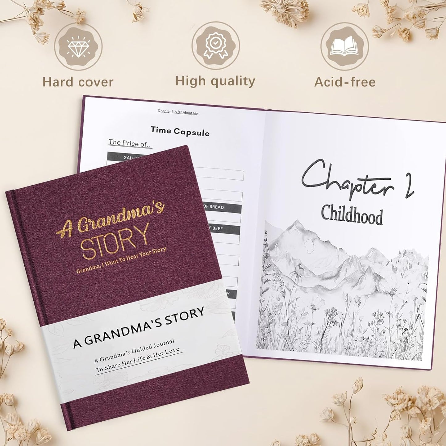 Artmag Grandma's Life Story Journal Family Keepsake Book Linen Hardcover for Grandma to Share Her Memories, with 250+ Prompt Questions Gift for Birthday Mother's Day Christmas (Purple)