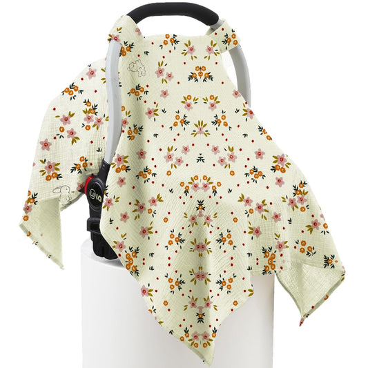 100% Muslin Cotton Car Seat Cover Baby, Carseat Canopy Cover, Universal Fit Stroller Covers for Boys and Girls (Beige Floral)