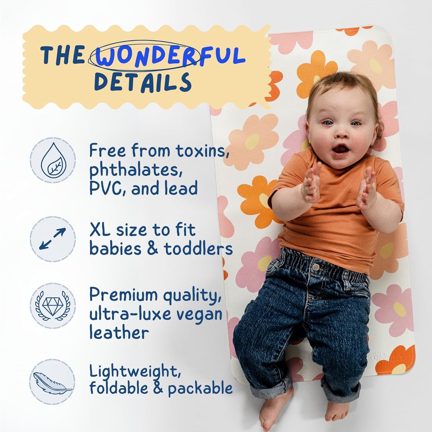 Leather Changing Mat with Reusable Waterproof Wet Bag, (16 x 30 Inches) Baby Changing Mat, Non-Toxic Changing Pad Portable Folds and Wipes Clean, Baby Changing Pad Travel (Smiley Face)