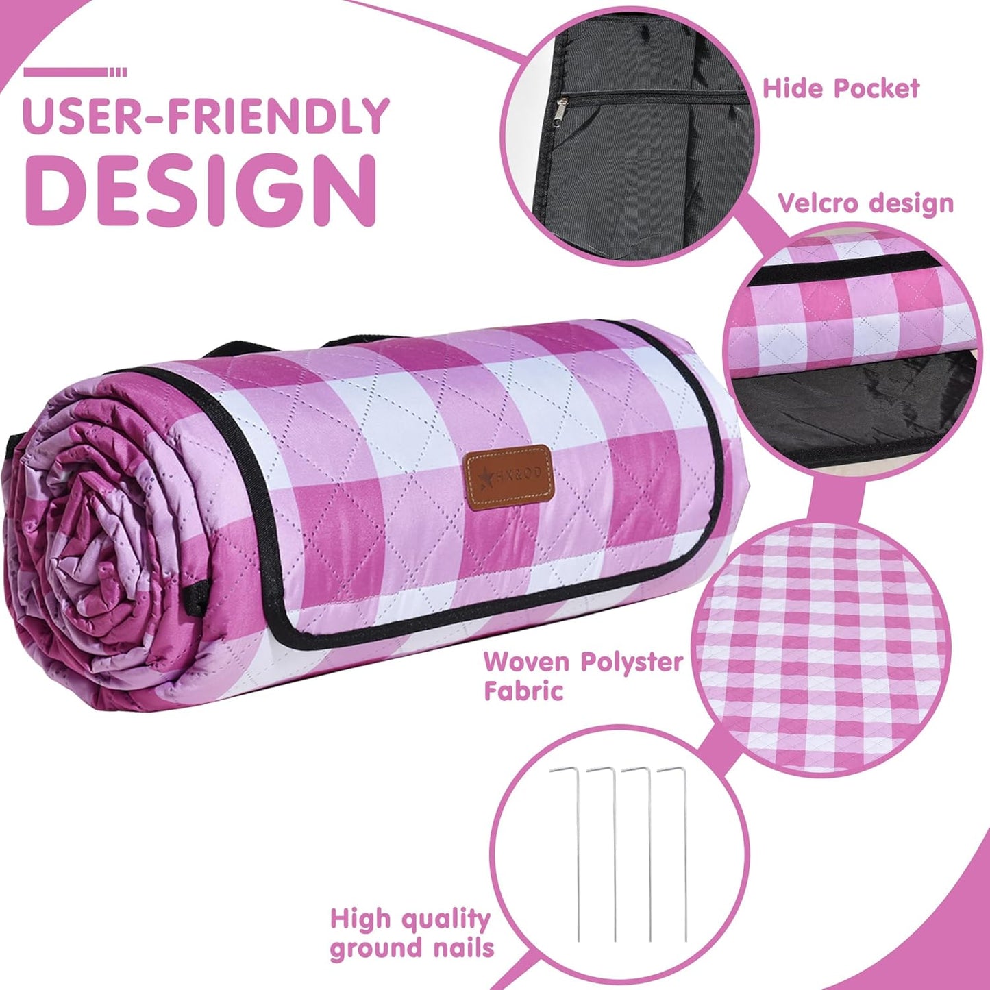 HX&OD Outdoor Picnic Blanket, Extra Large, 80''x80'' Waterproof Foldable Blankets Gingham Picnic Mat for Beach, Camping Grass Lawn Park Accessories Cute Couple Ideas Wedding (Pink, 80”x80”)
