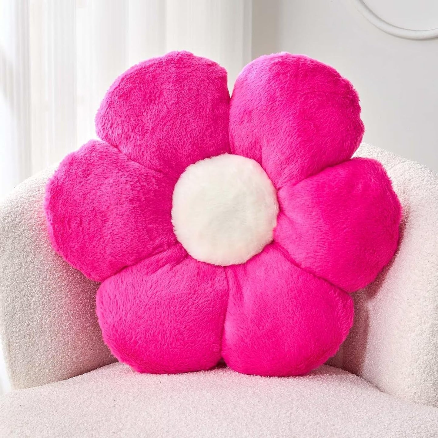 Hot Pink Flower Pillow, Cute Decorative Flower Shaped Throw Pillow with Faux Rabbit Fur, 19.6" Soft Flower Plush Throw Pillow Floor Pillows Room Décor for Bedroom Living Room