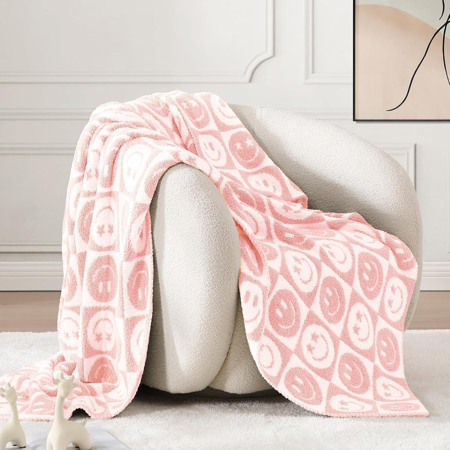 WRENSONGE Checkered Throw Blanket Blossom Smiling Face Soft Cozy Fluffy Warm Hand Made Weave Throw Blankets for Couch, Sofa, Chair, Bed, Camping, Picnic, Travel Lightweight Bed Blanket - 60"*80"