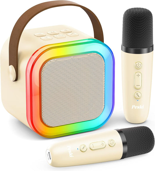 Karaoke Machine for Kids Adults, Portable Bluetooth Mini Karaoke Microphone Singing Speaker Karaoke Player with 2 Wireless Mic, for All Smartphones,Birthday, Family,Home Party (Beige)