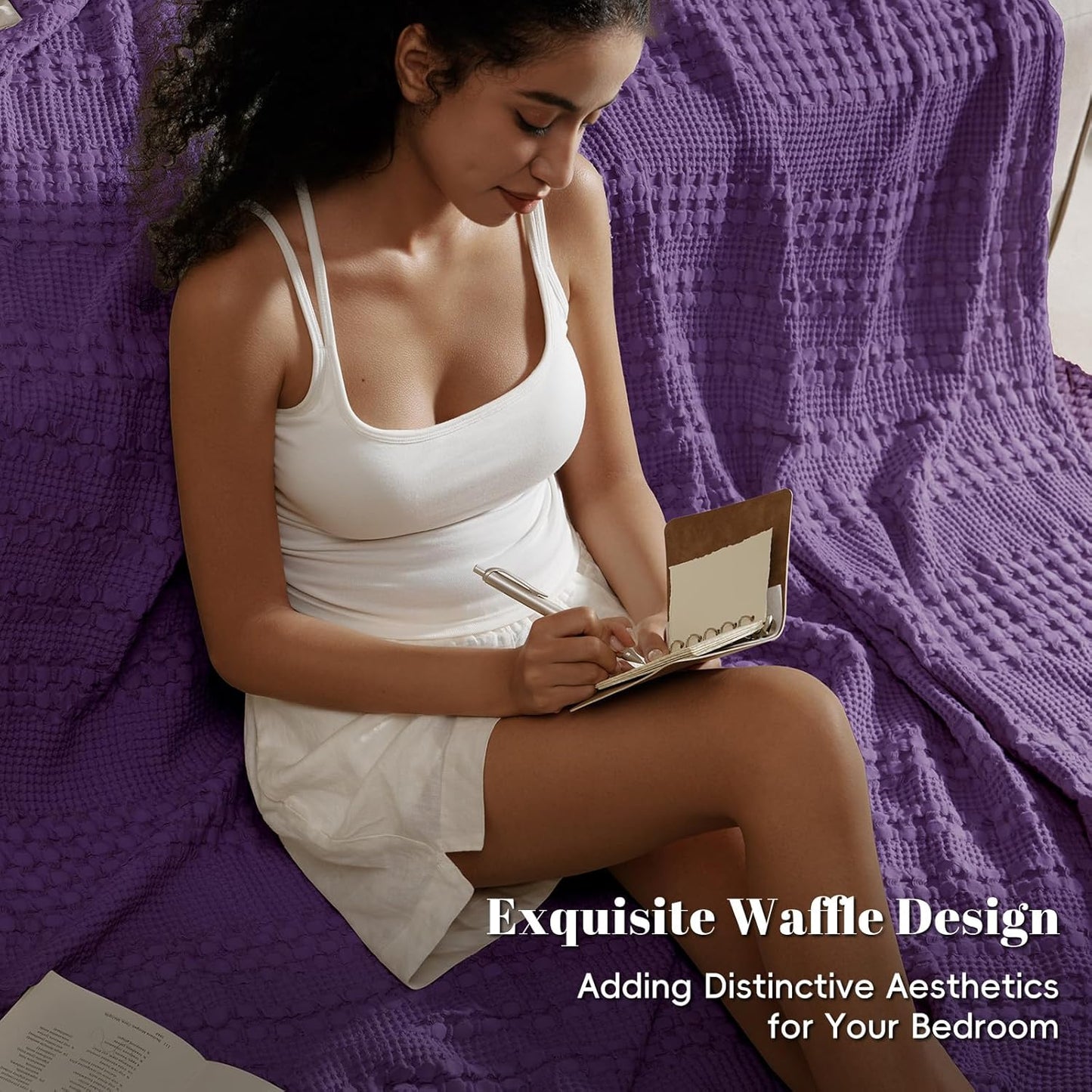 PHF 100% Cotton Waffle Weave Blanket King Size, Soft Lightweight Breathable Cozy Summer Blankets for Bed, Luxury Aesthetic Woven Bedding for Home Decor, 108"x90", Grape Purple