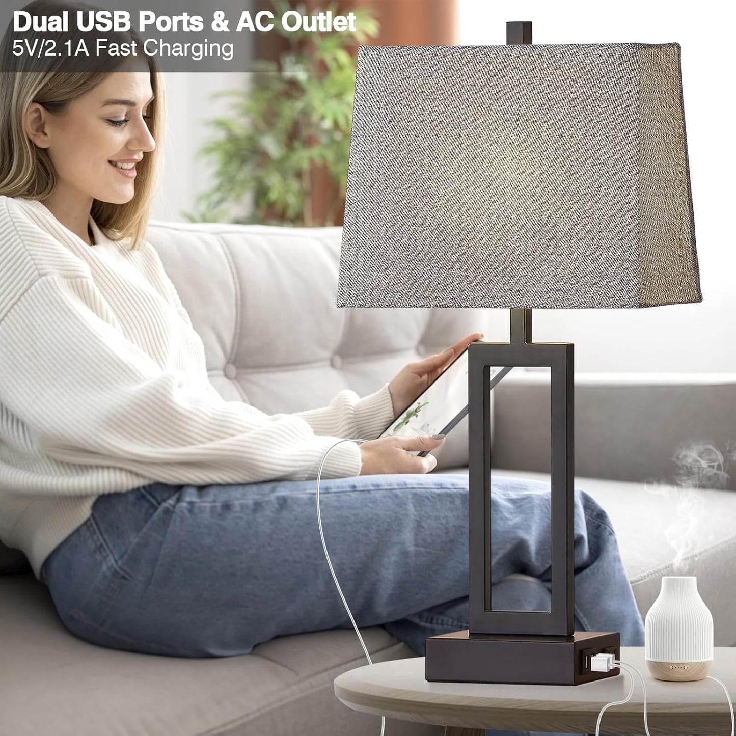 23.5" Touch Control Table Lamps Set of 2, Bedside Lamp with 2 USB Charging Ports & AC Outlet, 3-Way Dimmable Modern Nightstand Lamp for Living Room Bedroom End Table Office(2700K 2 LED Bulbs Included)