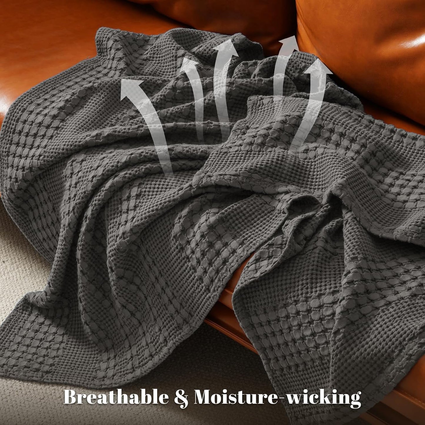 PHF 100% Cotton Waffle Weave Blanket Twin Size, Soft Lightweight Breathable Cozy Summer Blankets for Bed, Luxury Aesthetic Woven Bedding for Home Decor, 66"x90", Charcoal Grey