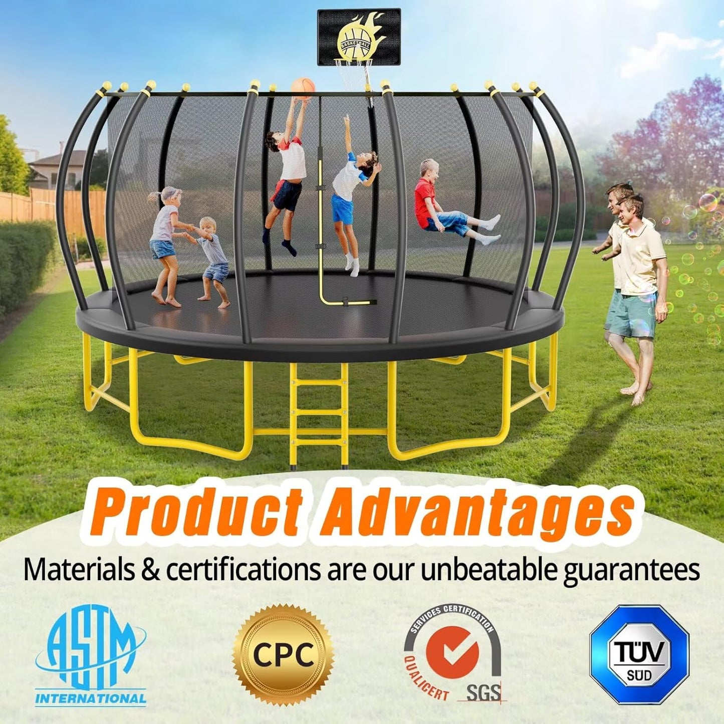 10FT 12FT 14FT 16FT Pumpkin Trampoline for Kids Adults, ASTM Approved Outdoor Recreational Trampoline with Basketball Hoop, Enclosure Net, Yellow