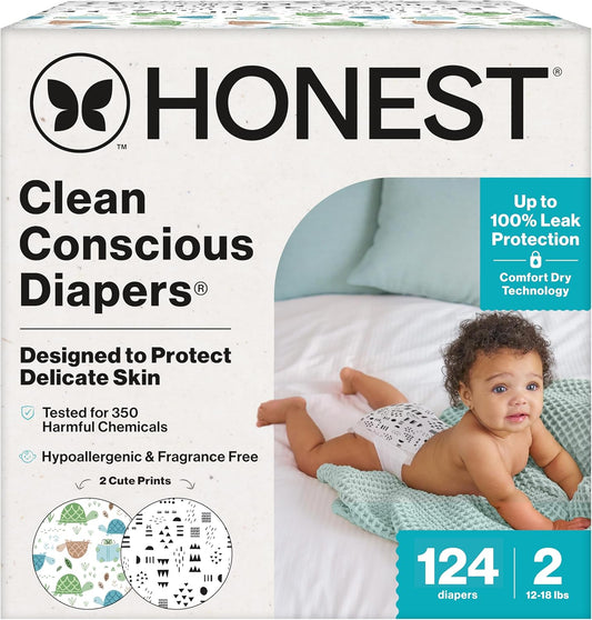 The Honest Company Clean Conscious Diapers for Delicate Skin | Up to 100% Leakproof | Hypoallergenic, Fragrance Free | Gender Neutral | Super Club Box, Size 2 (12-18 lbs), 124 Count (Prints May Vary)