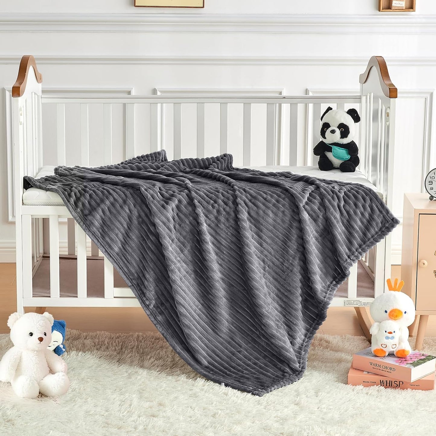 Soft Fleece Baby Blanket Ultra Cozy Grey Baby Blankets for Boys Warm and Lightweight Infant Toddler Newborn Receiving Gift with Reversible Stripes for Crib Stroller, 30x40 Inch, Dark Grey