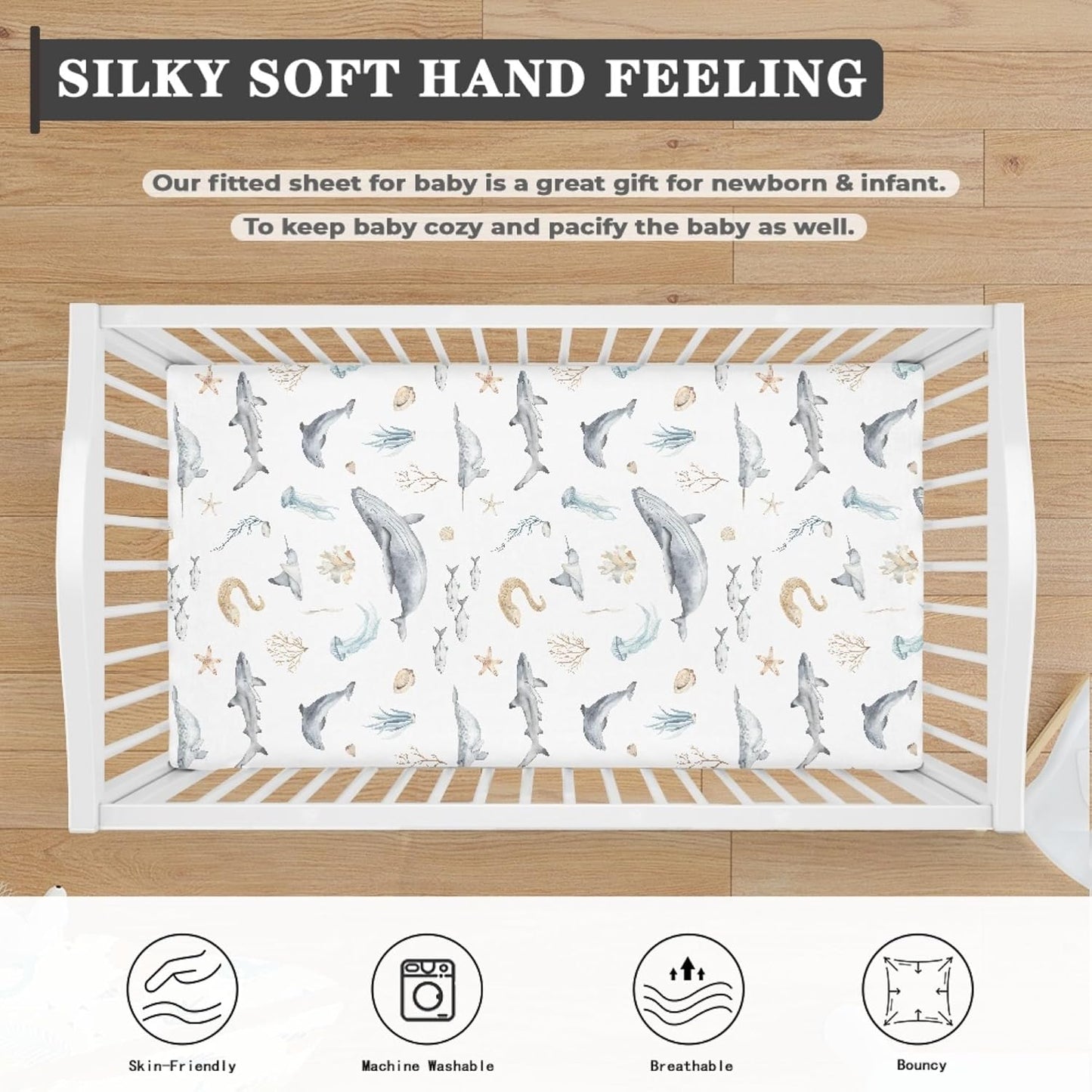 Underwater World Whale Fitted Crib Sheet Ocean Animals Baby Crib Sheet Fit Standard Crib and Toddler Mattress,Crib Mattress Sheets for Boys Girls 28"x52"