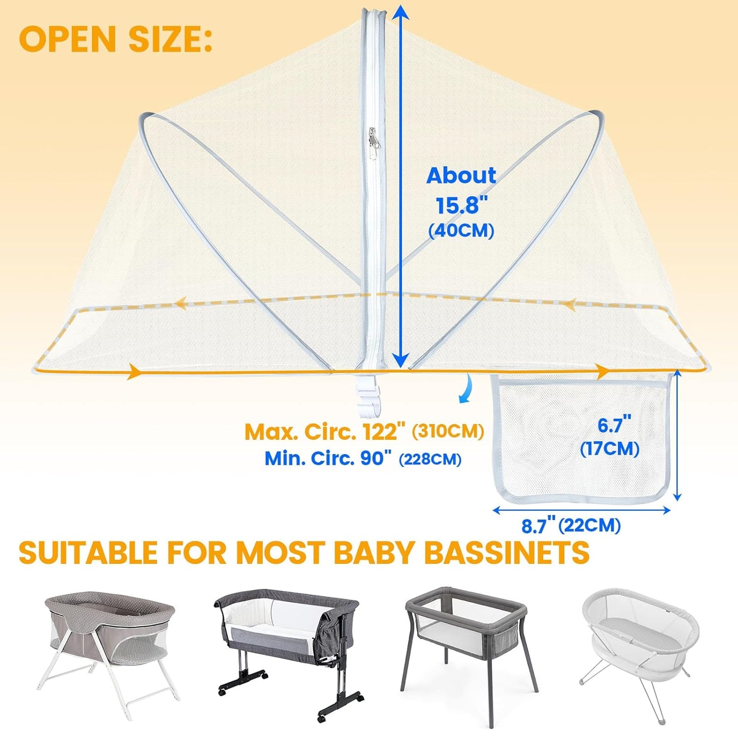 Orzbow Bassinet Cover with Two-Way Zippers & Storage Bag, Bassine Mosquito Net Cover for Bedside Sleeper to Keep Cats Out - Infant from Mosquito Bites and Falling Protection, White
