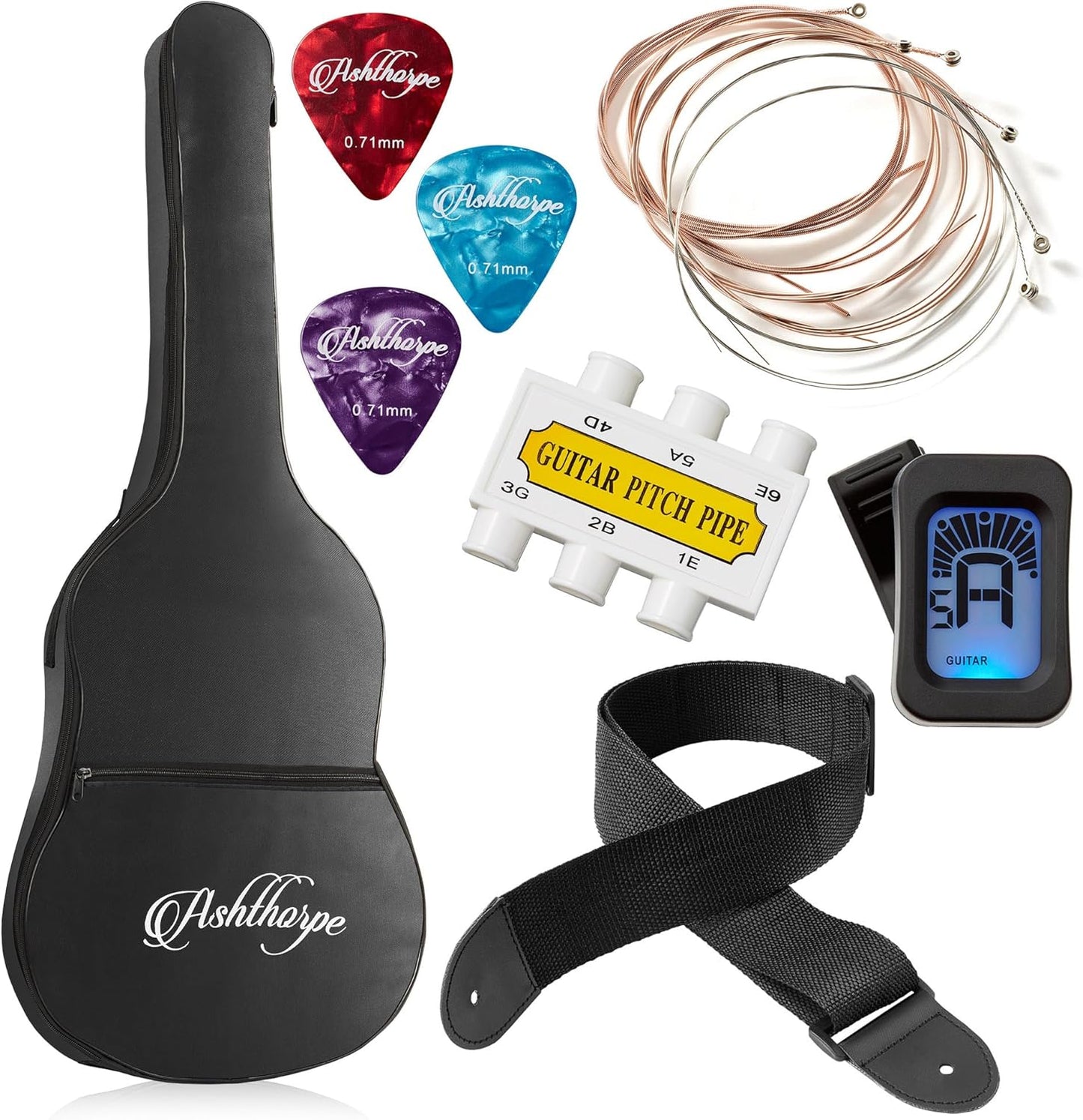 Ashthorpe 38-inch Beginner Acoustic Guitar Package (Natural), Basic Starter Kit w/Gig Bag, Strings, Strap, Tuner, Pitch Pipe, Picks