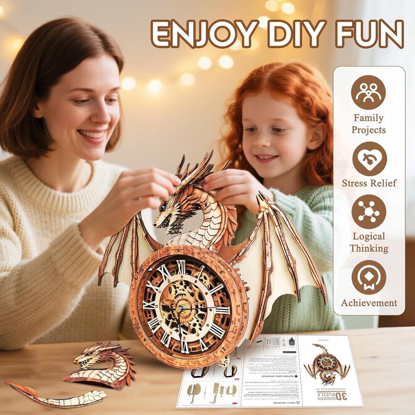 3D Puzzle for Adults Clock-Dragon Design Model Kit-Mechanical DIY Pendulum Clock with Roman Numerals-Desk Office Home Decor Personalized Gift for DIY Lovers