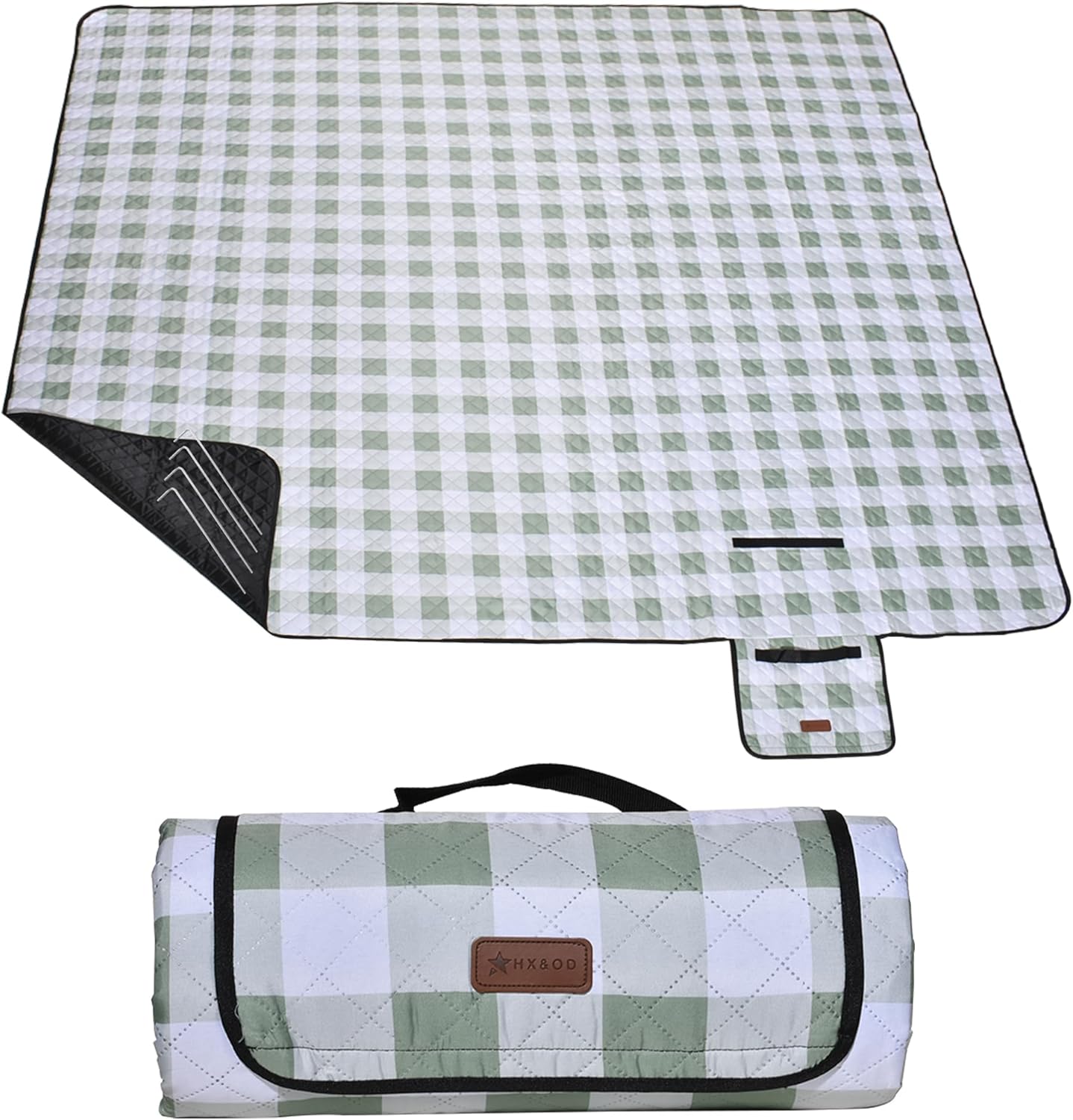 HX&OD Outdoor Picnic Blanket, Extra Large, 80''x60'' Waterproof Foldable Blankets Gingham Picnic Mat for Beach, Camping Grass Lawn Park Accessories Cute Couple Ideas Wedding (Green, 80”x60”)