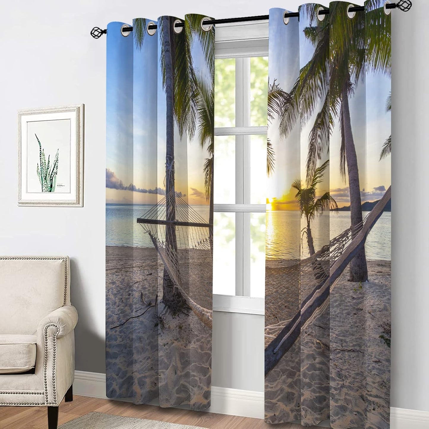Aimego Ocean Beach Blackout Curtains Summer Tropical Palm Tree Seaside Sunset Drapes Decor for Bedroom Living Room Window Treatment Grommet Top Room Darkening Curtains 2 Panel Set, 52"X63"