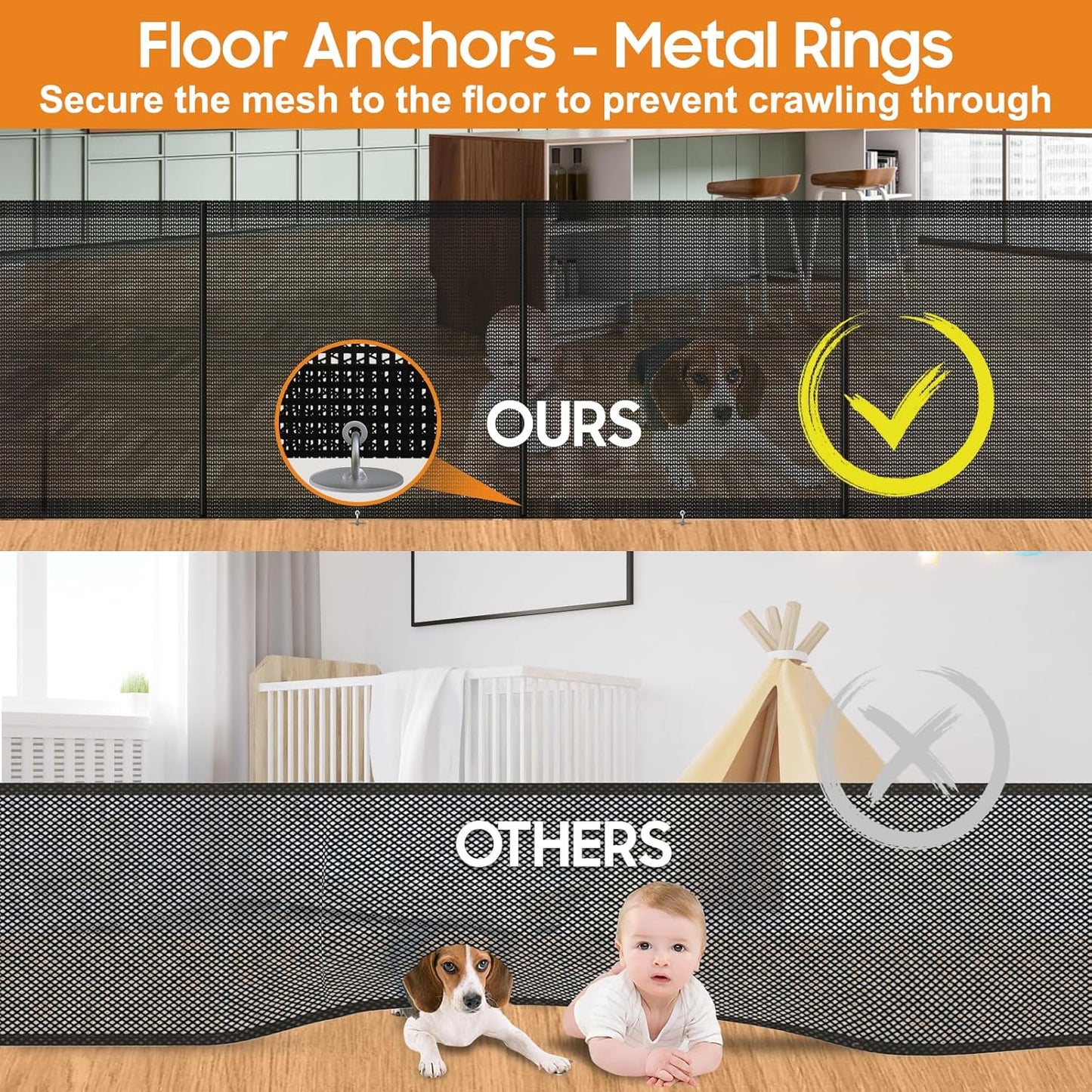 180" Extra Wide Retractable Baby Gates for Large Openings, 42" Extra Tall with Support Rods, Prevent Crawling, Mesh Dog/Pet Gate for Stairs/Doorways, Indoor/Outdoor Use