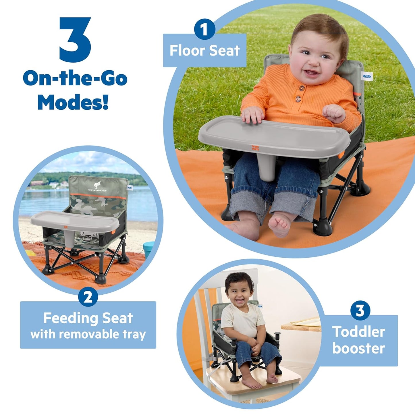 Ford Bronco Pop 'N Sit Portable Booster Chair by Bright Starts, Floor Seat, Indoor/Outdoor Use, Compact Fold, Camo Print, 6 Mos - 3 Yrs