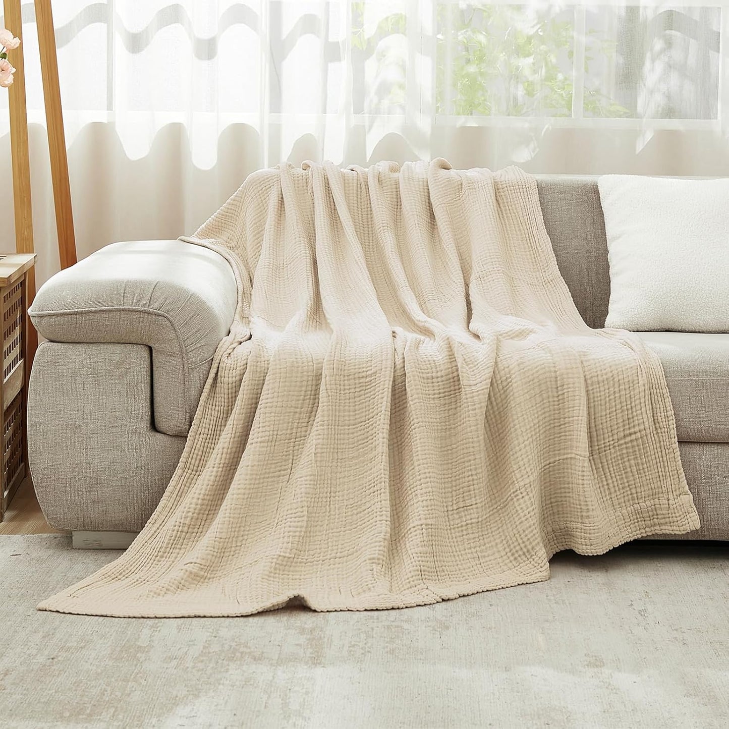 EMME Cotton Bed Blanket Twin Size Soft Muslin Boho Bedding Lightweight Breathable Twin Blanket All Season Gauze, Light Tan