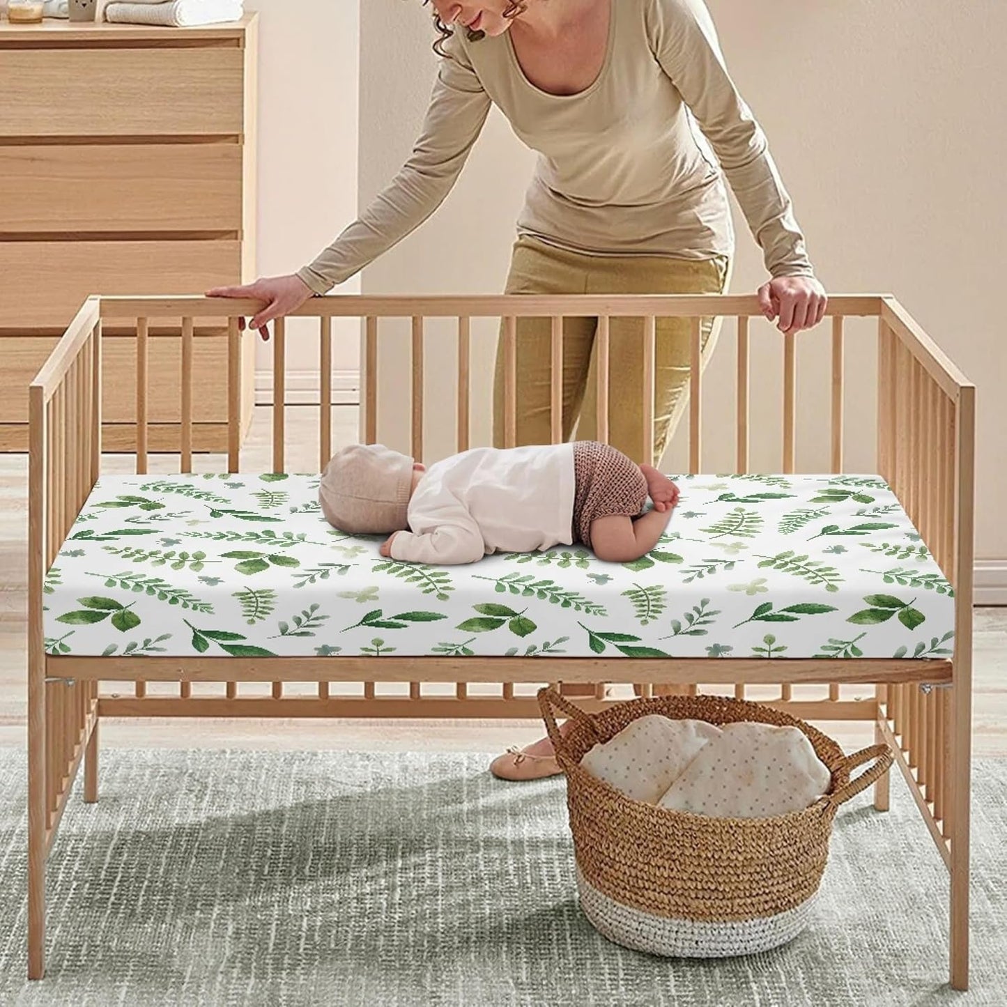 Lovely Green Flower Fitted Crib Sheet Plants Baby Crib Sheet Fit Standard Crib and Toddler Mattress,Crib Mattress Sheets for Boys Girls 28"x52"