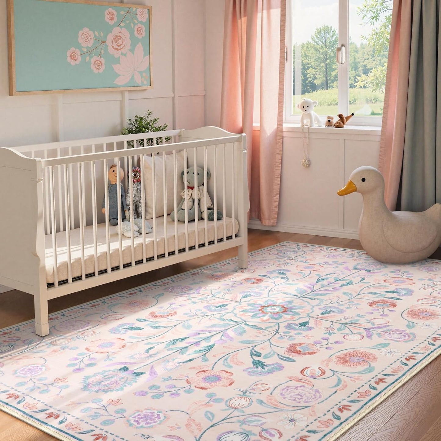 Anidaroel 5x7 Area Rugs for Living Room, Washable Pink Floral Rugs for Bedroom Girls, Soft Boho Nursery Rugs for Kids Playroom, Non Slip Low Pile Indoor Carpet for Bedside Dorm, Pink/Multi