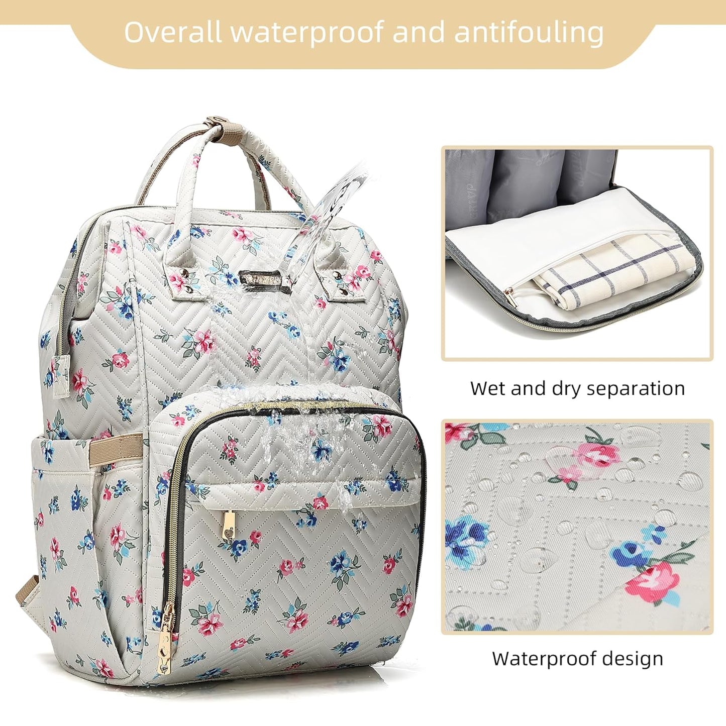 Diaper Bag Backpack, Diaper Bags for Baby Girls Boys, Baby Bags for Moms Dads, Nappy Changing Bag with Insulated Pockets,Multi-functional Waterproof Backpack with Stroller straps-Beige Flowers