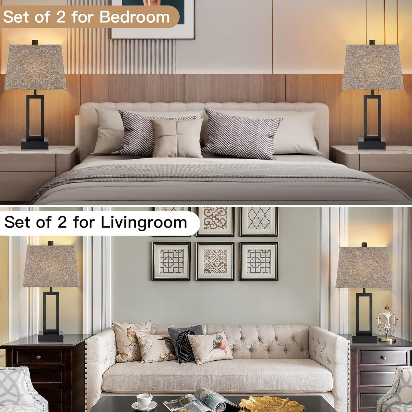 23.5" Touch Control Table Lamps Set of 2, Bedside Lamp with 2 USB Charging Ports & AC Outlet, 3-Way Dimmable Modern Nightstand Lamp for Living Room Bedroom End Table Office(2700K 2 LED Bulbs Included)