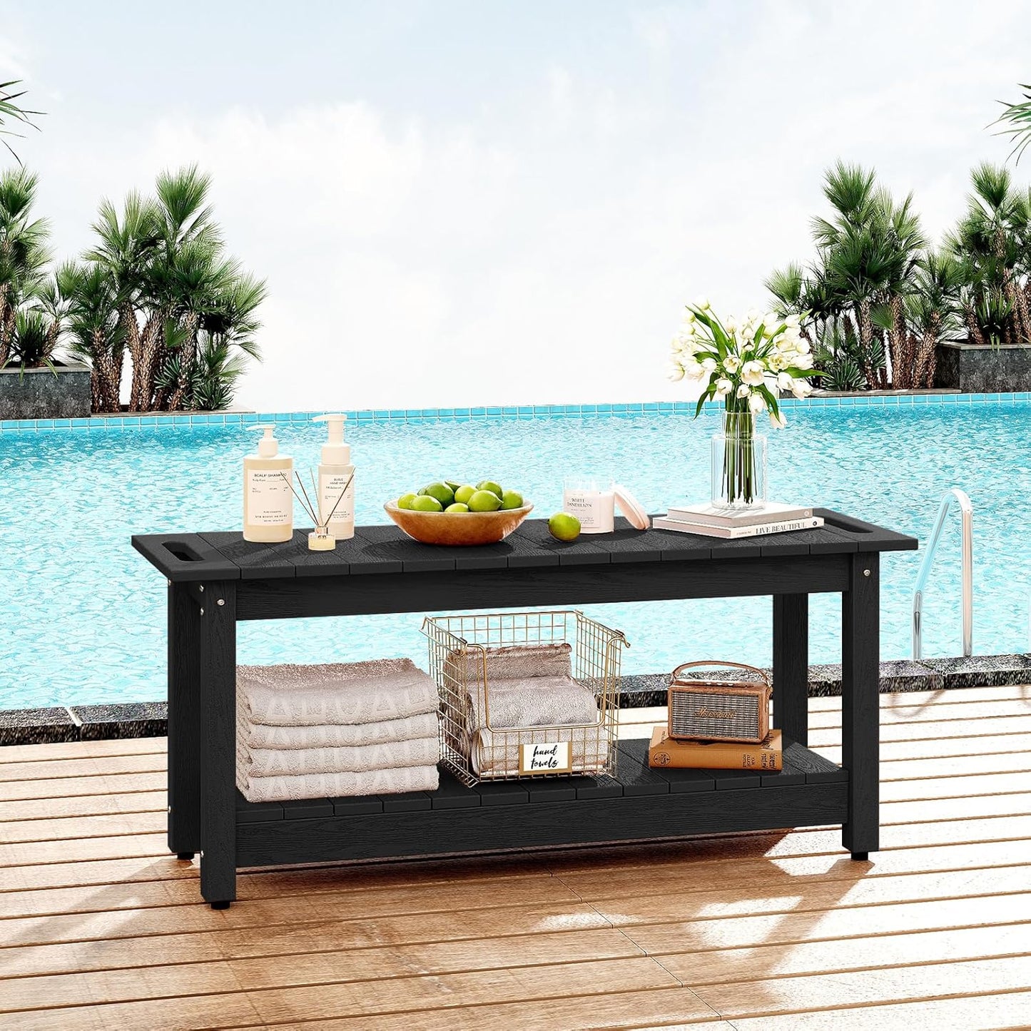 41" Shower Bench, Waterproof Poly Lumber Shower Stool for Shaving Legs, Shower Chair Seat Holds up to 400lbs, Bathroom Bench for Inside Shower, Non-Slip (Black)