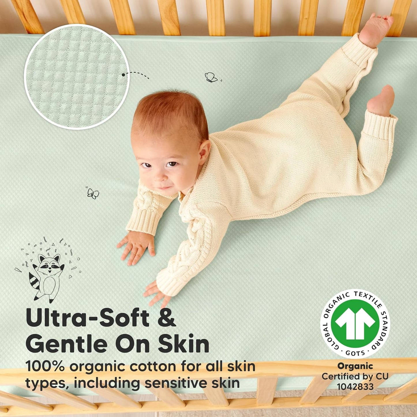 Waterproof Crib Mattress Protector Cover Fitted - 2-Pack Quiet Baby Crib Mattress Pad Sheets, 52" x 28" Soft Quilted Cotton Baby Sheet, Machine Washable, Easy Fit, Durable (Aloe/Quin)