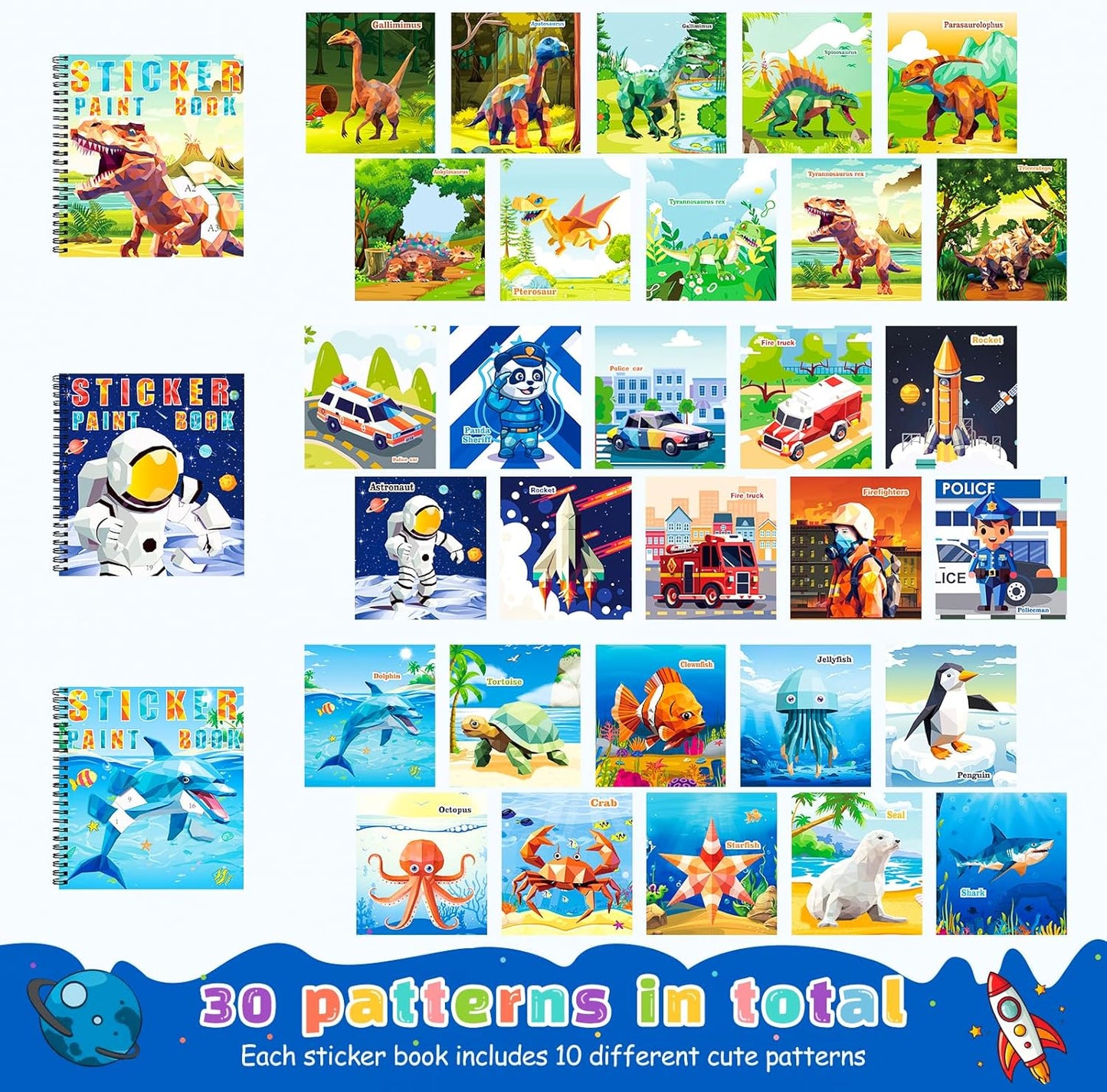 homicozy 4PCS Sticker Paint Books for Kids Ages 4-10,Dinosaur Astronaut Ocean Animals Designs Paint by Stickers,Sticker by Numbers,Party Birthday Gifts for Boys 4-10,Create 40 Pictures at a Time