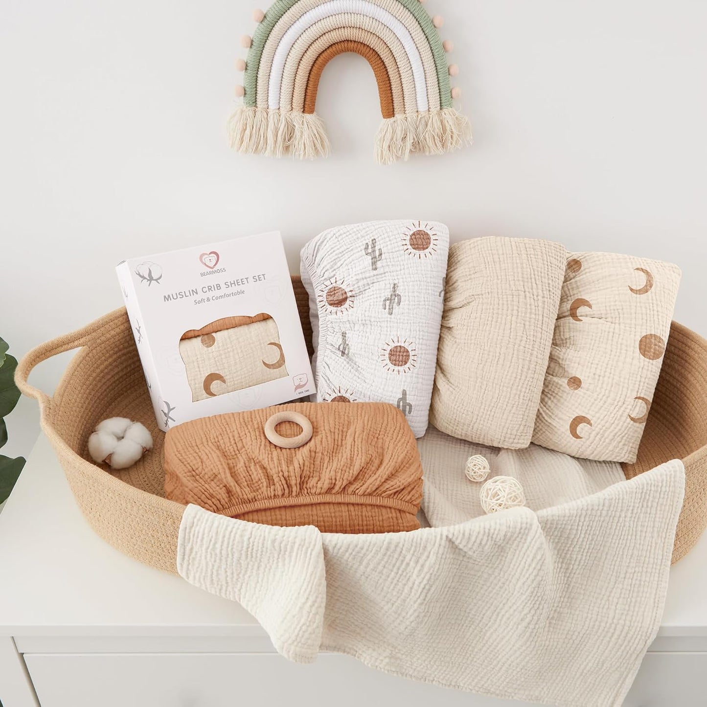 Bearmoss Muslin Mini Crib Sheets for Pack N Play Mattress - 100% Cotton - 38"x24" Soft Breathable Playard Baby Crib Sheets Neutral for Boys Girls - 2 Pack (Brown Moon)