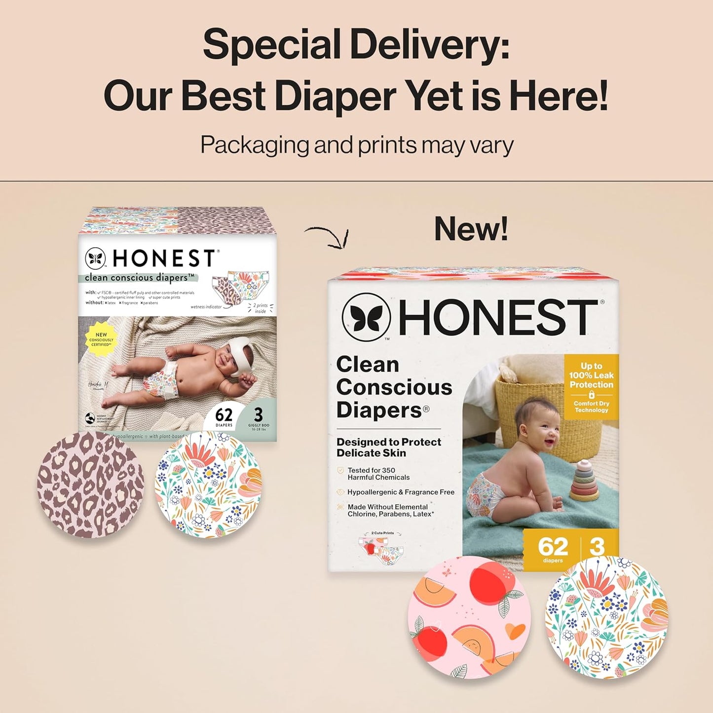 The Honest Company Clean Conscious Diapers for Delicate Skin | Up to 100% Leakproof | Hypoallergenic, Fragrance Free | Girl Prints | Club Box, Size 3 (16-28 lbs), 62 Count (Prints May Vary)