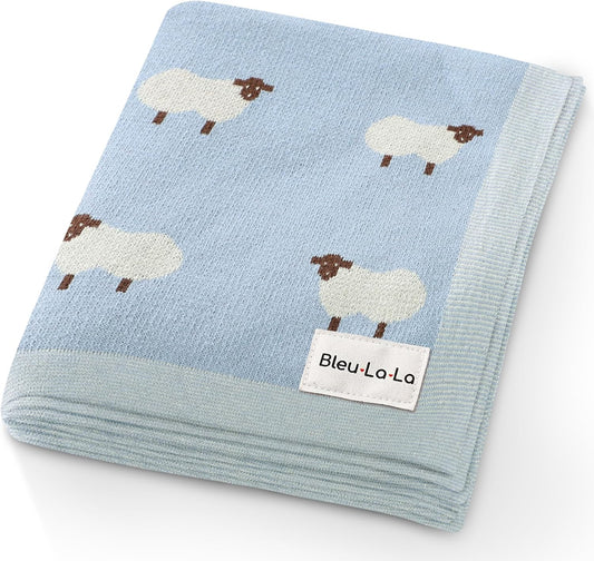 Knit Baby Swaddle Blanket for Boys - 100% Cotton Soft Cozy Lightweight Receiving Swaddling Crib Stroller Quilt Blanket for Newborns Infants Toddlers (Sheep - Baby Blue)