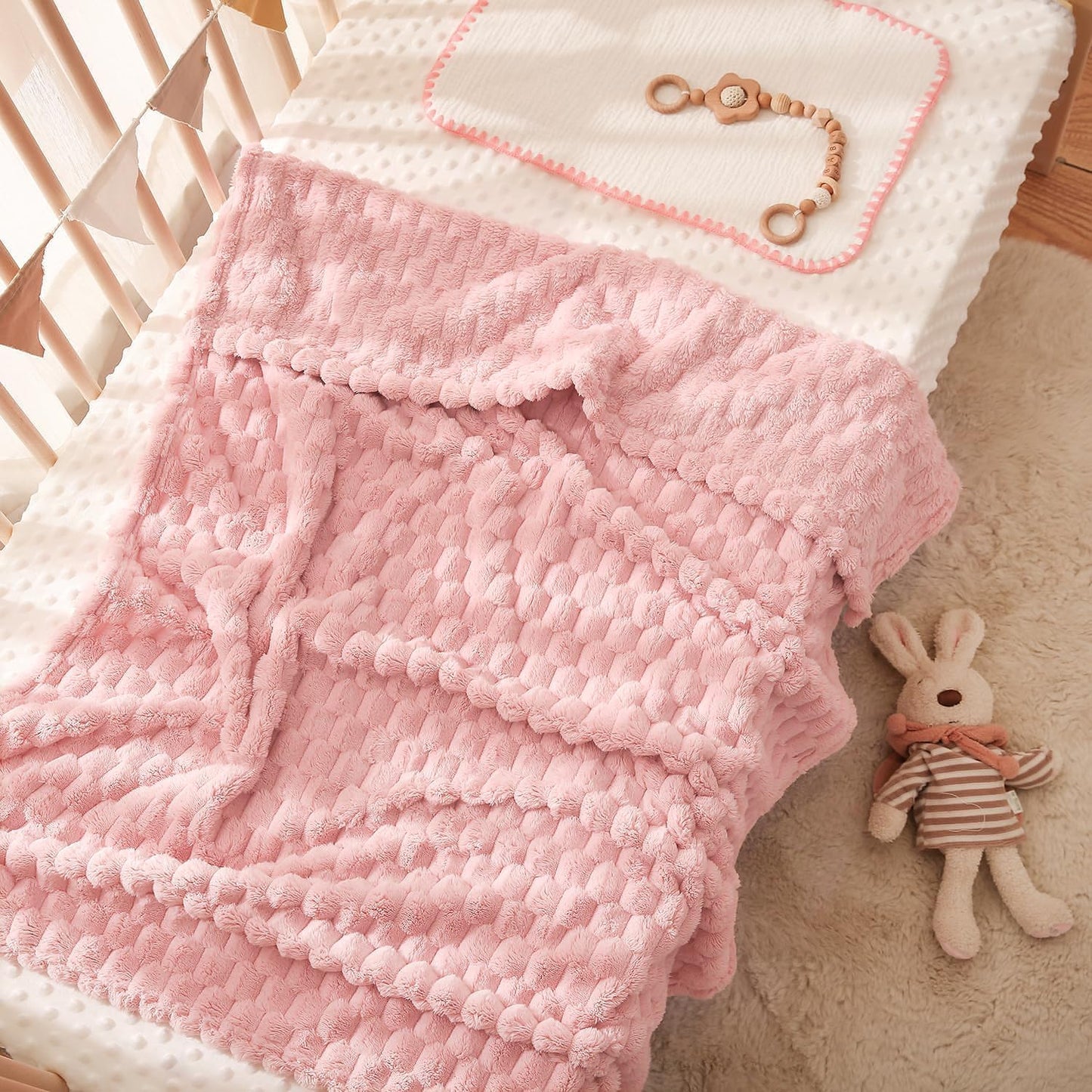 HOMRITAR Baby Blanket for Boy Girls 3D Jacquard Fluffy Toddler Blankets Soft Warm Cozy Flannel Fleece Warm Bed Blanket Nursery, Stroller Newborn Infant Bedding, 30 x 40 Inch (Light Pink)