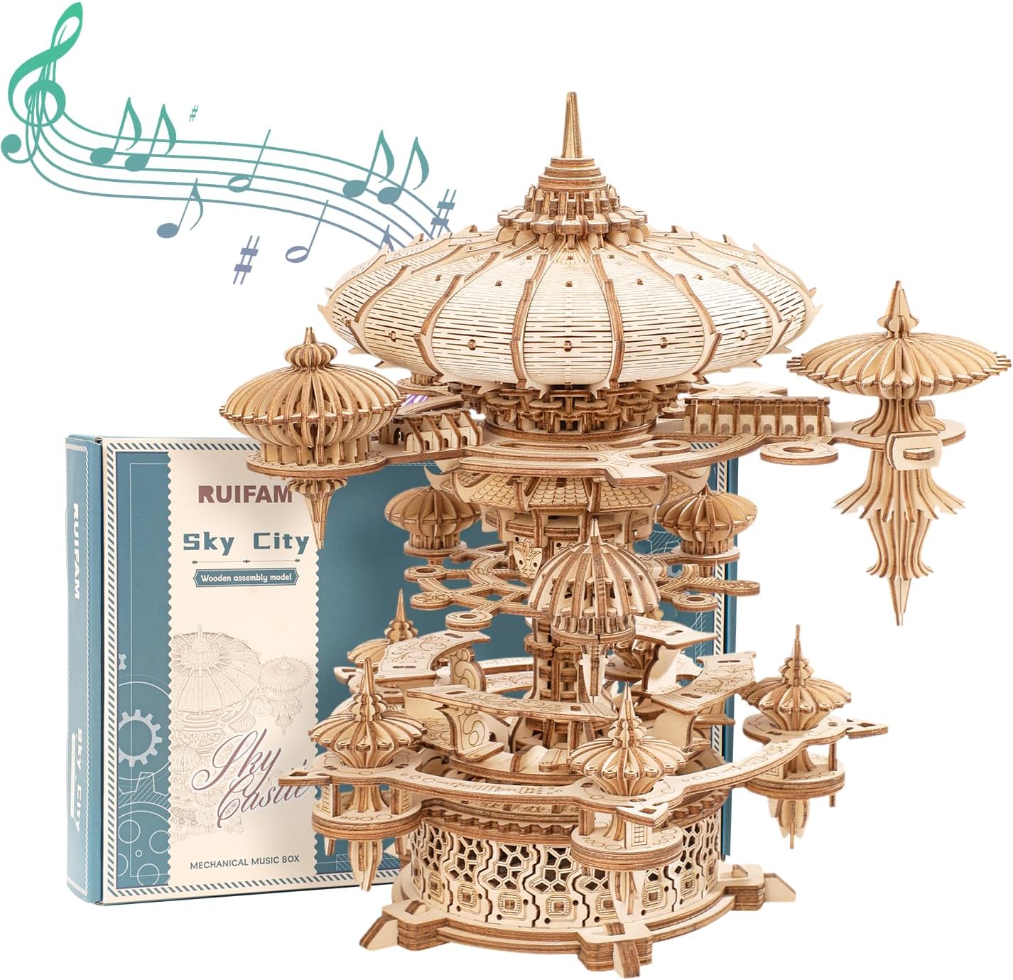 3D Wooden Puzzles for Adults, SkyCity Music Box Model Kit, 600+ Pcs Cityscape Design, Challenging Mechanical DIY Craft, STEM Toy and Unique Gift for All Occasions