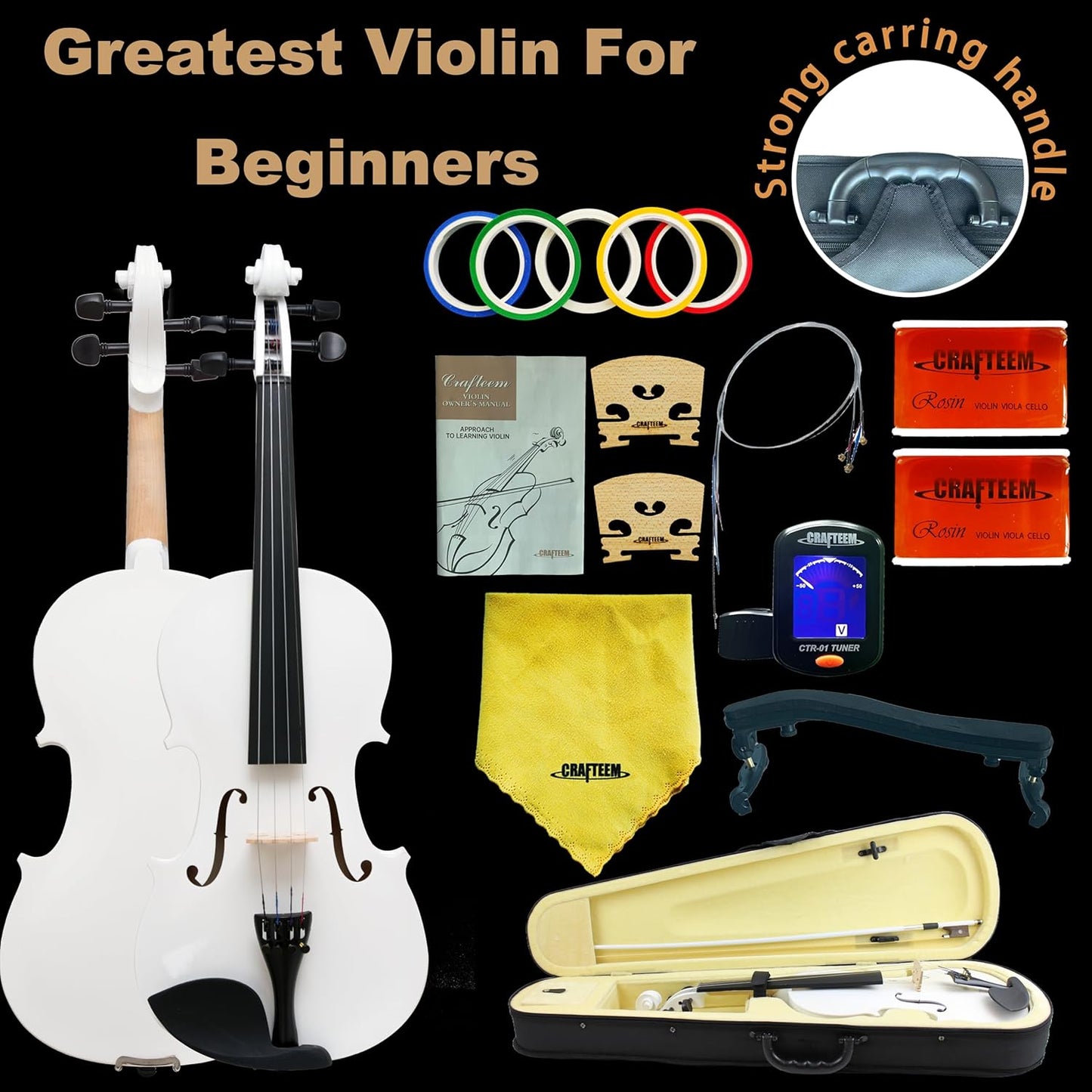 1/4 Fiddle White Colored Premium Violin Outfit for Beginners Adults Kids With 5 Color Fingering Tape- Handcrafted Student Beginner Violin.