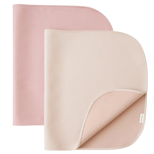 Konssy 2 Pack Faux Leather Baby Changing Mat 30"x17", Foldable and Wipeable Portable Changing Pad, Waterproof and Soft for Travel or Home Use (Blush,Beige)